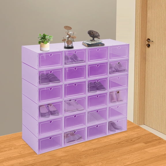 DENEST 24-Pack Stackable Shoe Boxes with Clear Lids, Foldable Plastic Shoe Storage Organizer for Closet, Under Bed, Stack & Snap Design, Purple