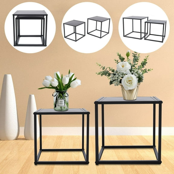 DENEST 2PC Square Coffee Table End Table Modern Metal Side Table Matt Black Home Office