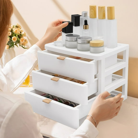 DENEST 3-Drawer Desktop Organizer | Stackable Plastic Storage Box for Office & Cosmetics, White, 10.2"x8.8"