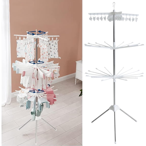 DENEST 3-Tier Foldable Clothes Drying Rack, Rotating Clothing Rack w/Three-Legged Base, 24 Clips Large Capacity Indoor Clothes Airer for Scarves, Towels