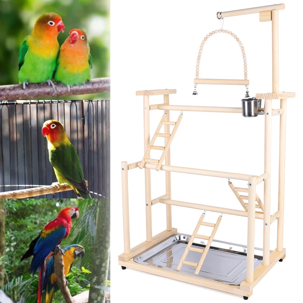 DENEST 3-Tier Natural Beech Wood Bird Play Stand with Swing, Ladder ...