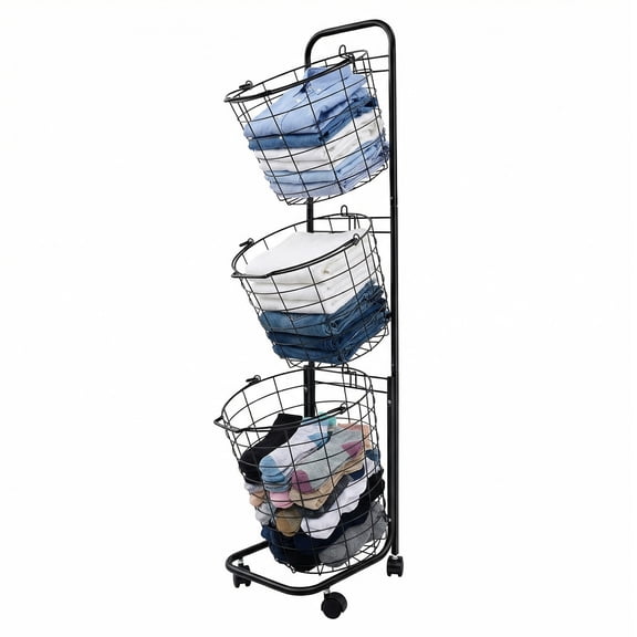 DENEST 3 Tier Rolling Laundry Hamper with Removable Wire Basket,Clothing Sorting Laundry Baskets Portable Sorter Storage Trolley Shelf Basket