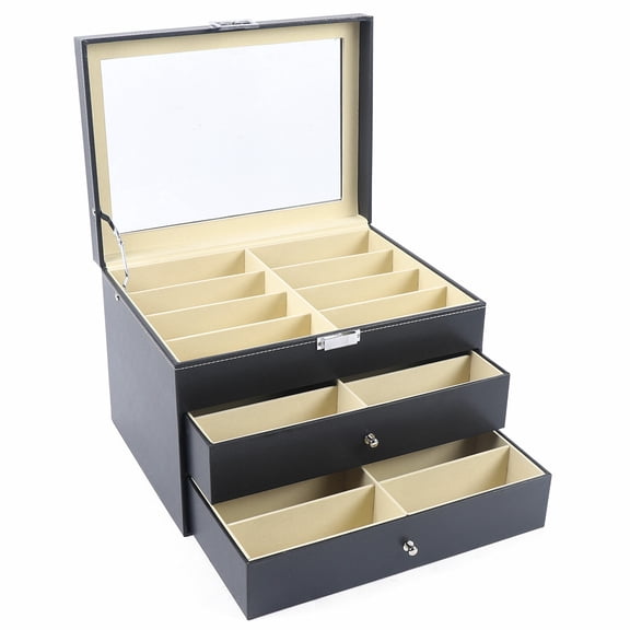 DENEST 3-Tier Sunglasses Box, Sunglasses Organizer Storage Box 24 Slots Case Home Display Eyeglasses Holder,Clear Glass Lid
