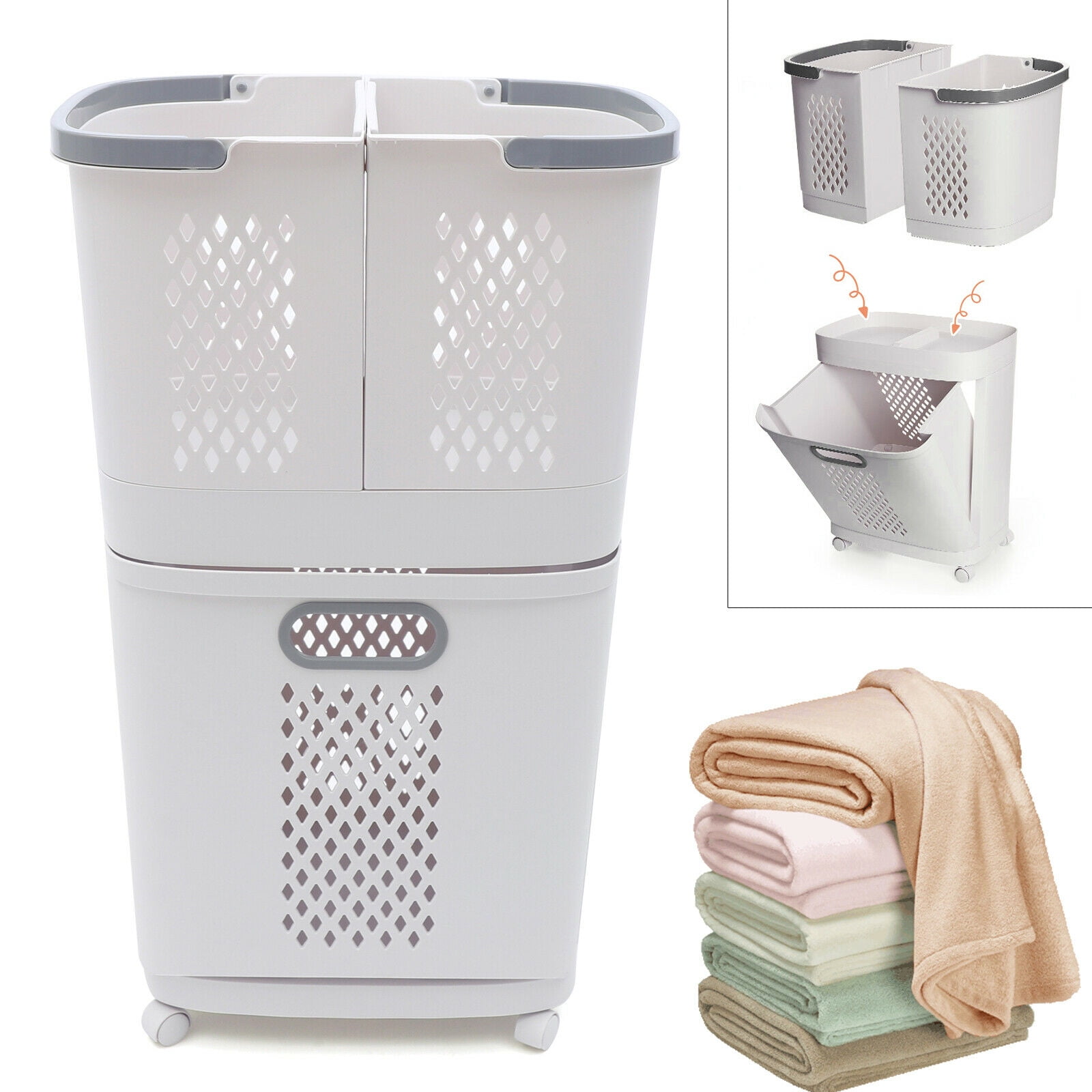 DENEST 3-layer Clothes Basket With Universal Wheel Laundry Basket Set Free Stand
