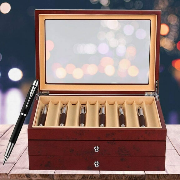 DENEST 34 Slots Pen Wood Display Box 3 Drawers Pen Organizer with Glass Window(Red)