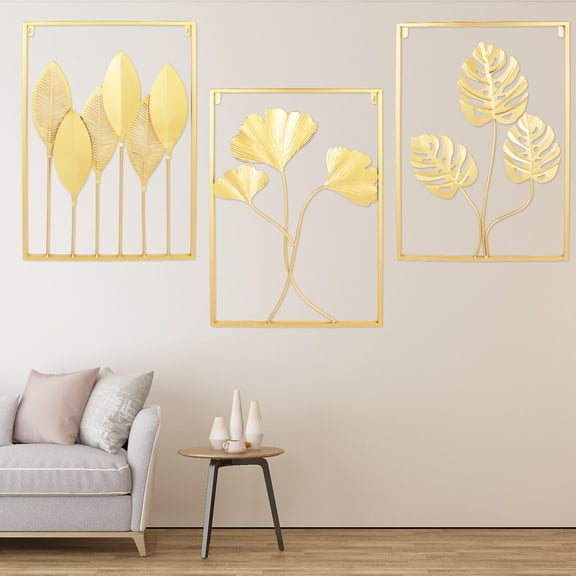 DENEST 3Pcs Gold Iron Metal Wall Art Tree Branch Leaves Hanging Art Sculpture Decor