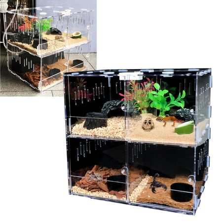 DENEST 4 Grids Clear Acrylic Reptile Cage Enclosure Box Tarantula Insect Display Case