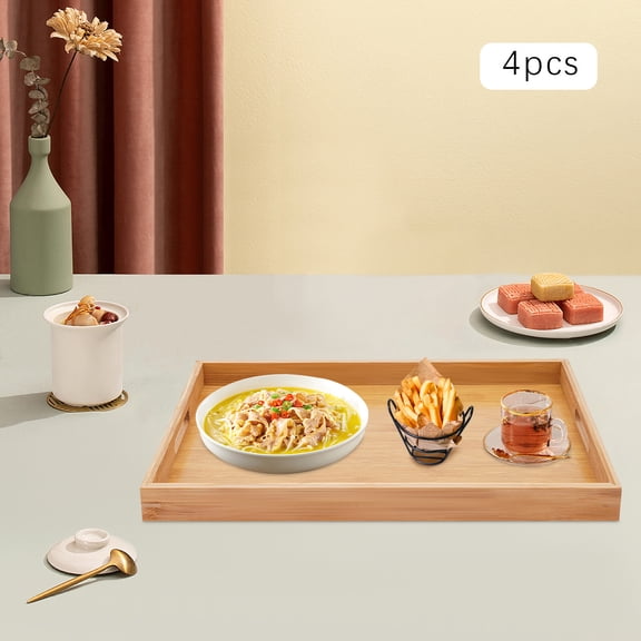 DENEST 4 Pack Bamboo Tray-Serving Tray With Handles-Large Bamboo Wooden Tray, Food Trays For Home And Kitchen Serving Decorating Organizing