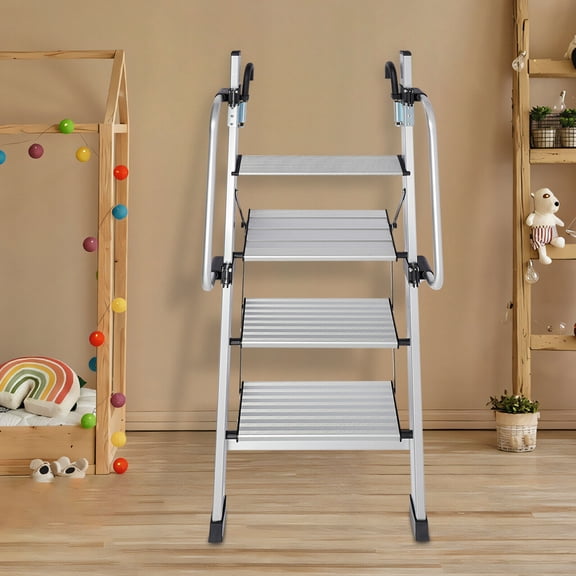 DENEST 4-Step Floor Standing Bed Ladder, 150kg/330.69lbs Load Capacity, Ladder with Adjustable Handrail for Caravans, Lofts