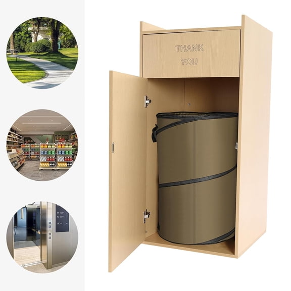 DENEST 40 Gallon Restaurant Oak Wood Commercial-Trash Bin Cabinet with Trash Bag,Trash Can Cabinet & Garbage Receptacle for Self-Service Restaurant, Coffee Shop