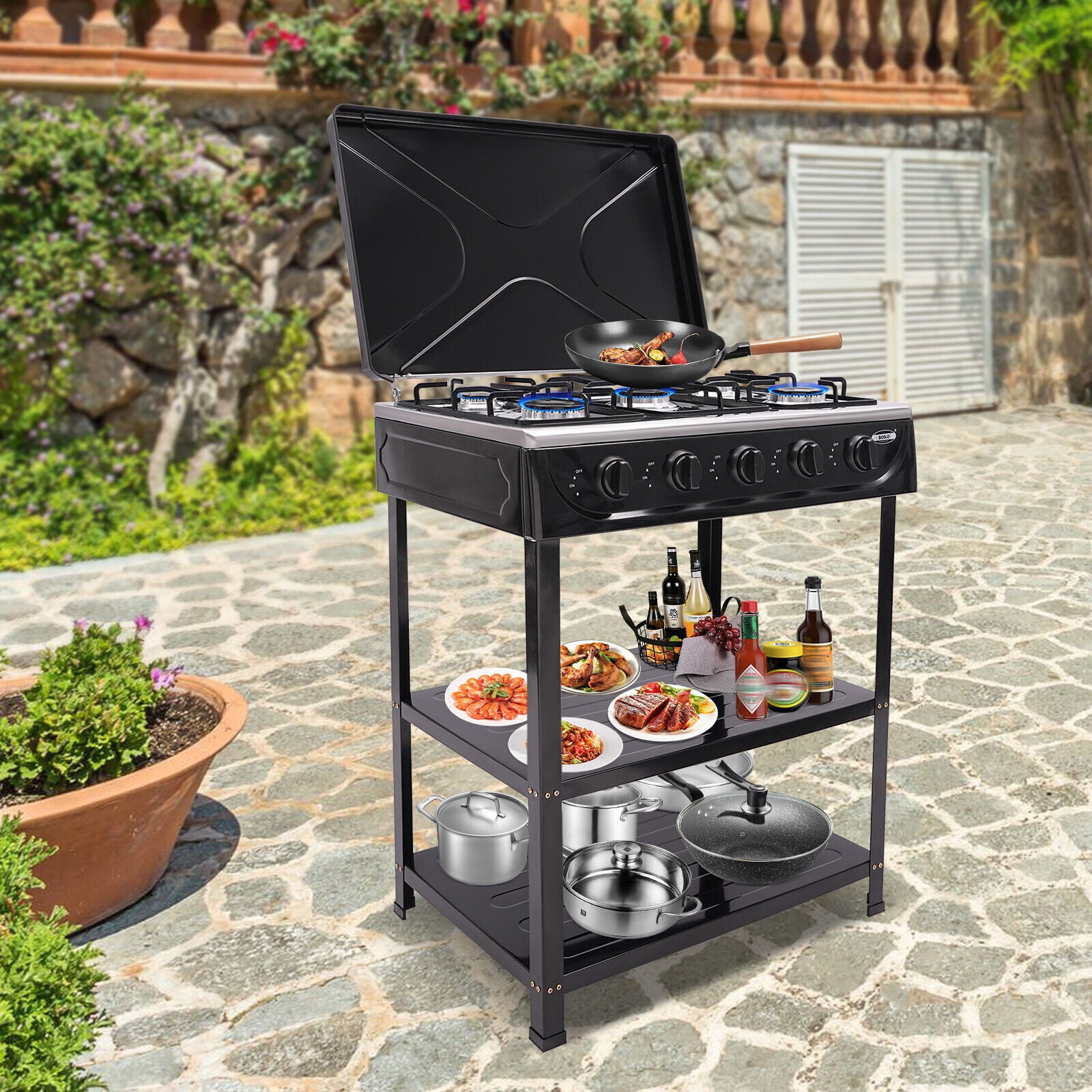 DENEST 5-Burner Gas Stove Outdoor Camping Cooking BBQ Grill With 2-Tier Storage Rack