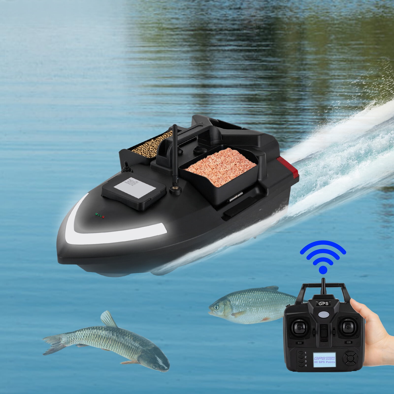 DENEST 500m/1640.42ft 2.4GHz GPS Fishing Bait Boat with 2kg/4.41lbs Tank, 12000mAh Lithium Battery, Remote Control Bait Boat for Fishing