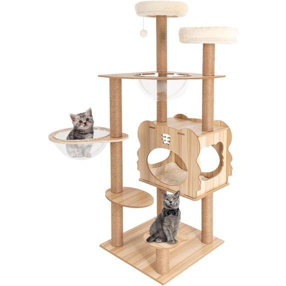 DENEST 54 inch Brown Cat Tree Modern MDF Cat Tower for Cats Multi-Level Cat Condo with Scratching Posts