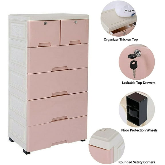 DENEST 6-Drawer Chest, Mobile Storage Dresser Cabinet with Lock for Bedroom(Pink)