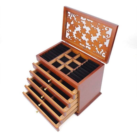 DENEST 6 Layers Large Retro Wooden Jewelry Box with 5 Drawers Brown Unisex