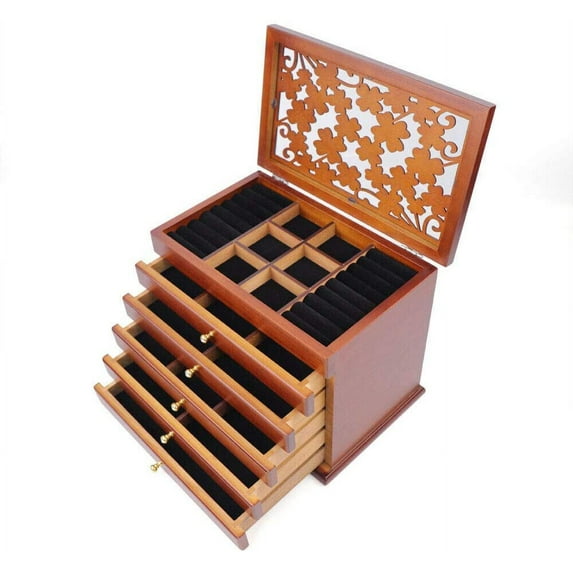 DENEST 6 Layers Large Retro Wooden Jewelry Box with 5 Drawers Brown Unisex