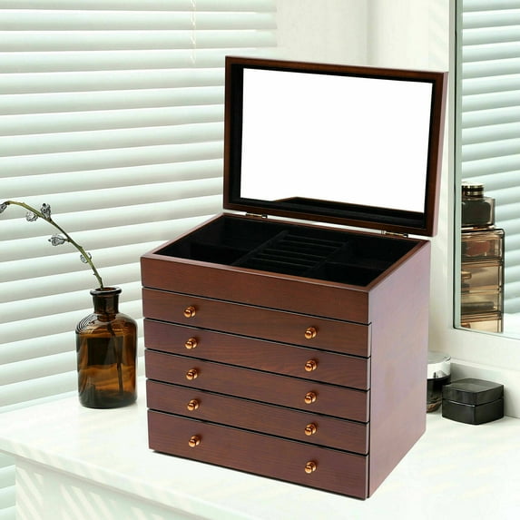 DENEST 6 Layers Wooden Jewelry Box for Ring Necklace and Watches with Mirror Unisex