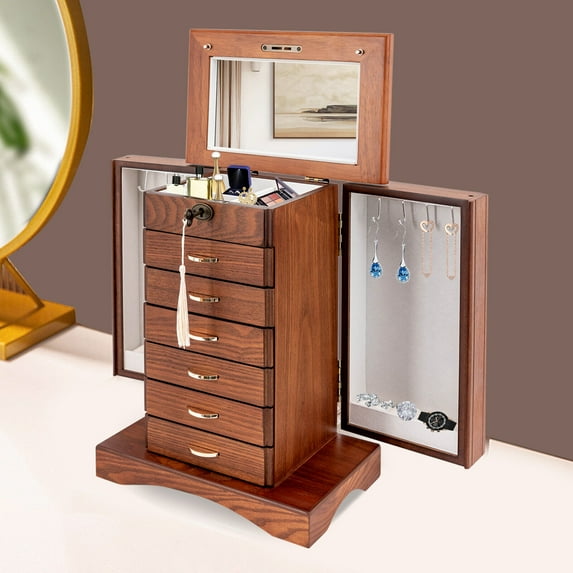DENEST 7 Layers Jewelry Box Wooden for Wowen Large Organizer Box with Mirror Safe Lock