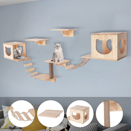 Denest 9 Pcs Cat Shelves and Perches Wall Mounted Indoor Cats Furniture Solid Wood Color