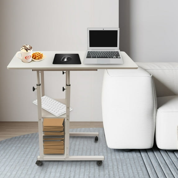 DENEST Adjustable C-Shaped Side Table with Wheels and Ample Storage Space
