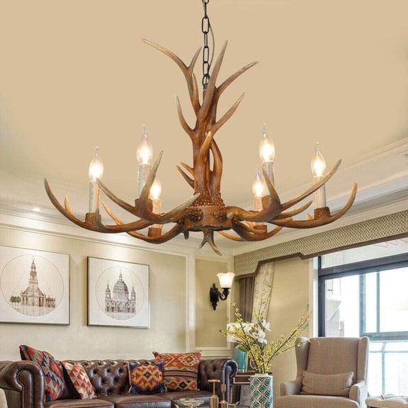DENEST Antler Chandelier Resin Ceiling Light 6-Lights Retro Pendant Home Decorators Lighting