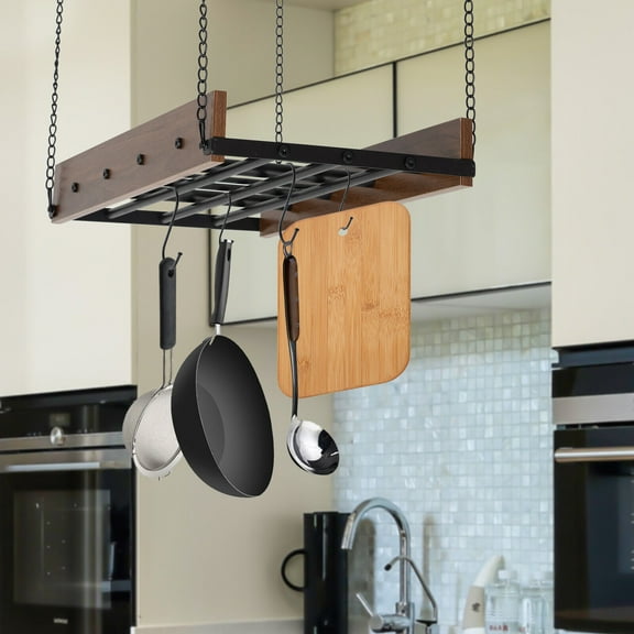 DENEST Black and Brown Ceiling Mounted Pot Rack Hanging Pots and Pans Organizer with Hooks