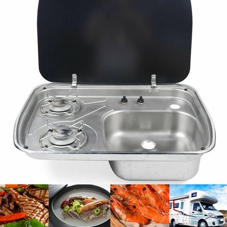 DENEST Boat Caravan RV 2 Burner LPG Gas Stove Cooker Tempered Glass Lids with Sink (Without Faucet)