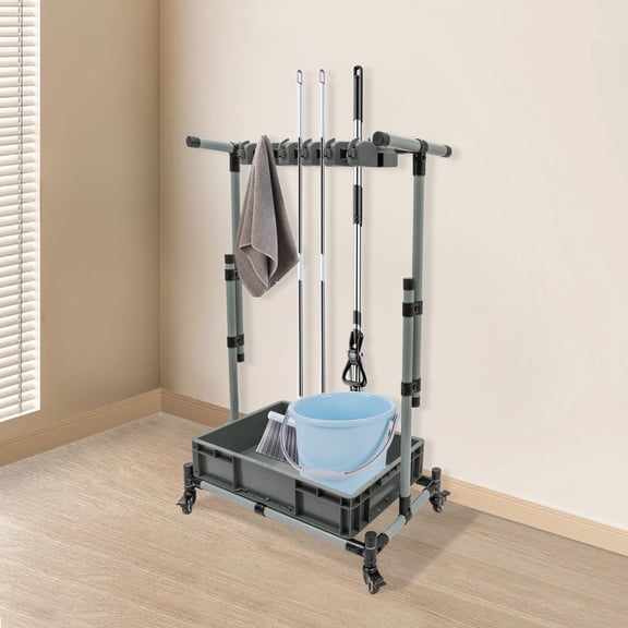 DENEST Broom+Mop Holder Floor Standing Cleaning Tool Cart Cleaning Supplies Organizer