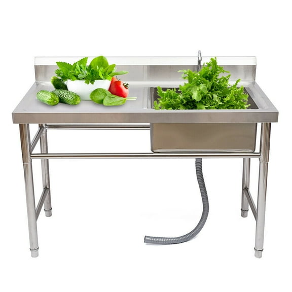 DENEST Commercial Kitchen Sink Single Compartment Stainless Steel with Faucet Drain Boards for Restaurant Garage Backyard