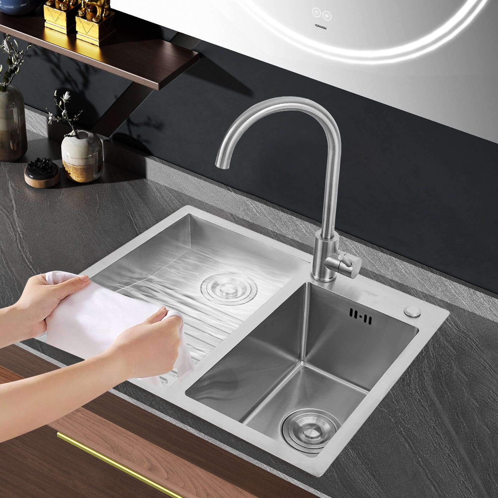 DENEST Double-Slot Heavy-Duty Steel Laundry Sink with Washboard - 23.6"x18.9" Large Capacity Utility Sink