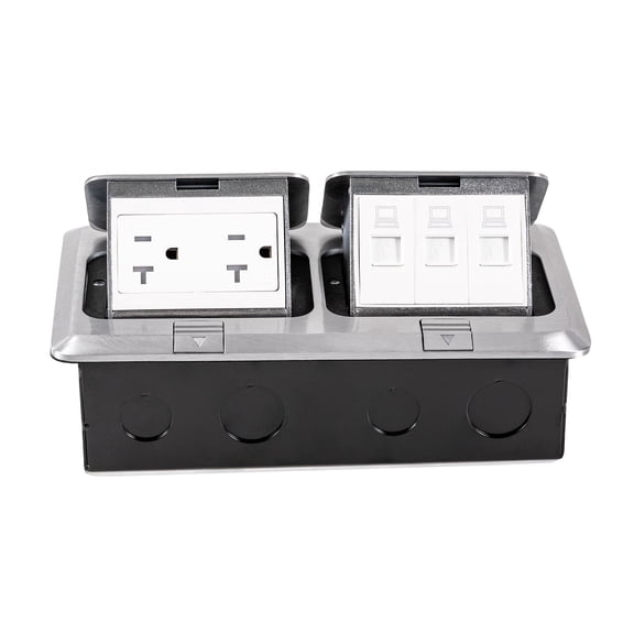 DENEST Dual Pop-Up Floor Electrical Outlet Box Kit, 20 Amp TR Receptacle Outlet, 3-Port LAN Datacom Receptacle, Waterproof Gasket for Countertop Home