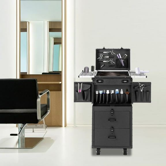 DENEST Floor Standing Rolling Makeup Case Cosmetic Trolley Makeup Storage Organizer Box