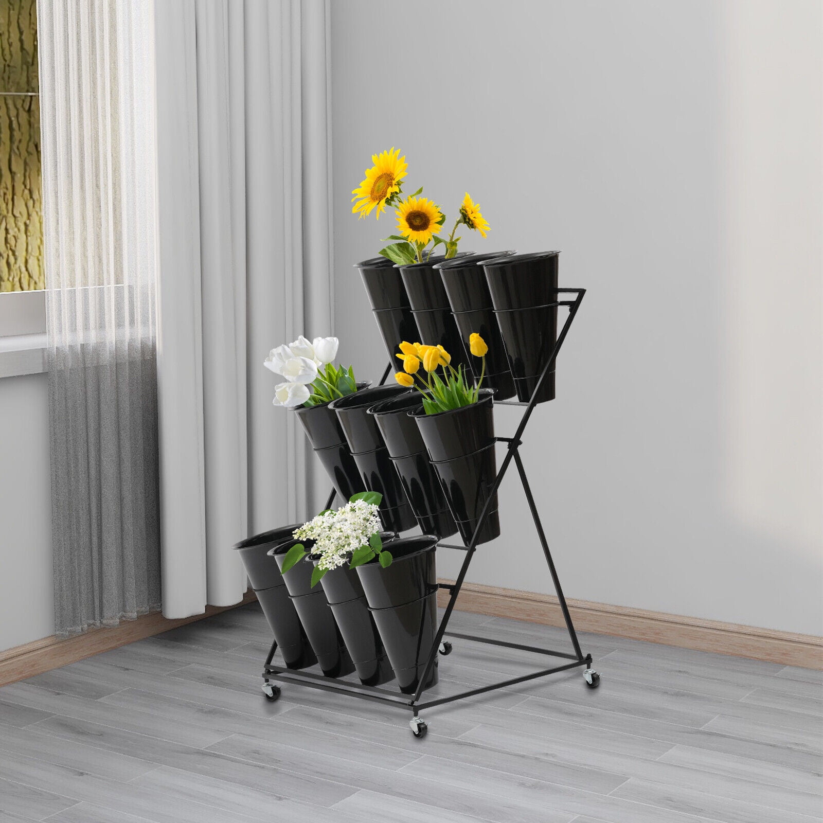 Flower Display Stand With 12 Buckets, 3 Layers Flower Cart Gold Metal Flower Bar Stand With Wheels, Moving Florist Bouquet Shelf For Weddings Florist