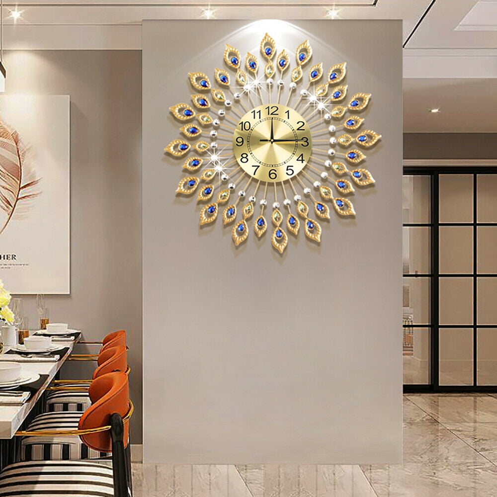 DENEST Gold Luxury Peacock Wall Clock with Crystal Bling, 67cm 3D Metal ...