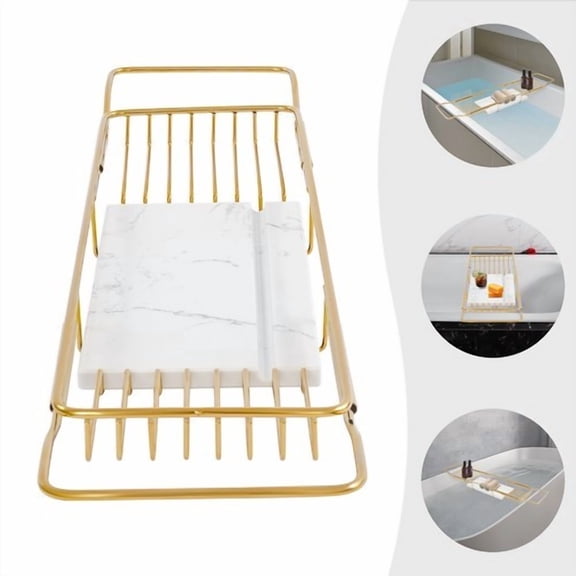 DENEST Gold & White Expandable Bathtub Tray with Marble Board for Relaxation