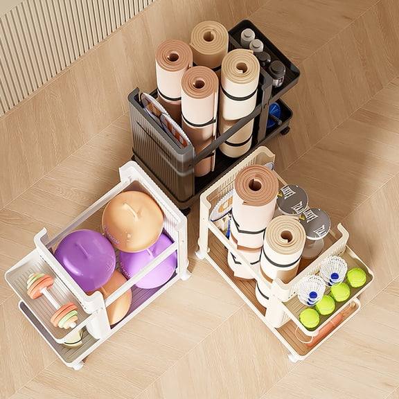 DENEST Home Gym Storage, 2 Tiers Workout Equipment Organizer with Wheels Workout Equipment Storage Organizer Yoga Mat Storage Racks