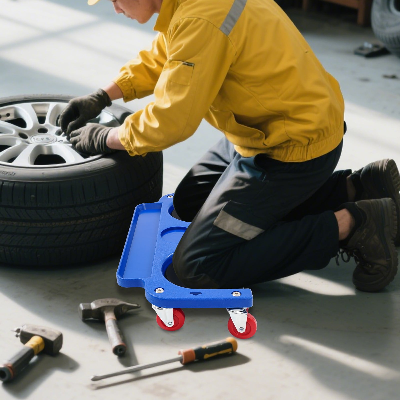 DENEST Kneeling Board with Wheels, Blue, Rolling Knee Pad/Creeper, Tire Repair Tool