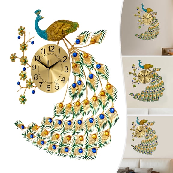 DENEST Large Peacock Wall Clock, Large Art Decoration Peacock Clocks, 29.53in Metal Design Non-Ticking Silent Art Digital Wall Clocks For Living Room Decor