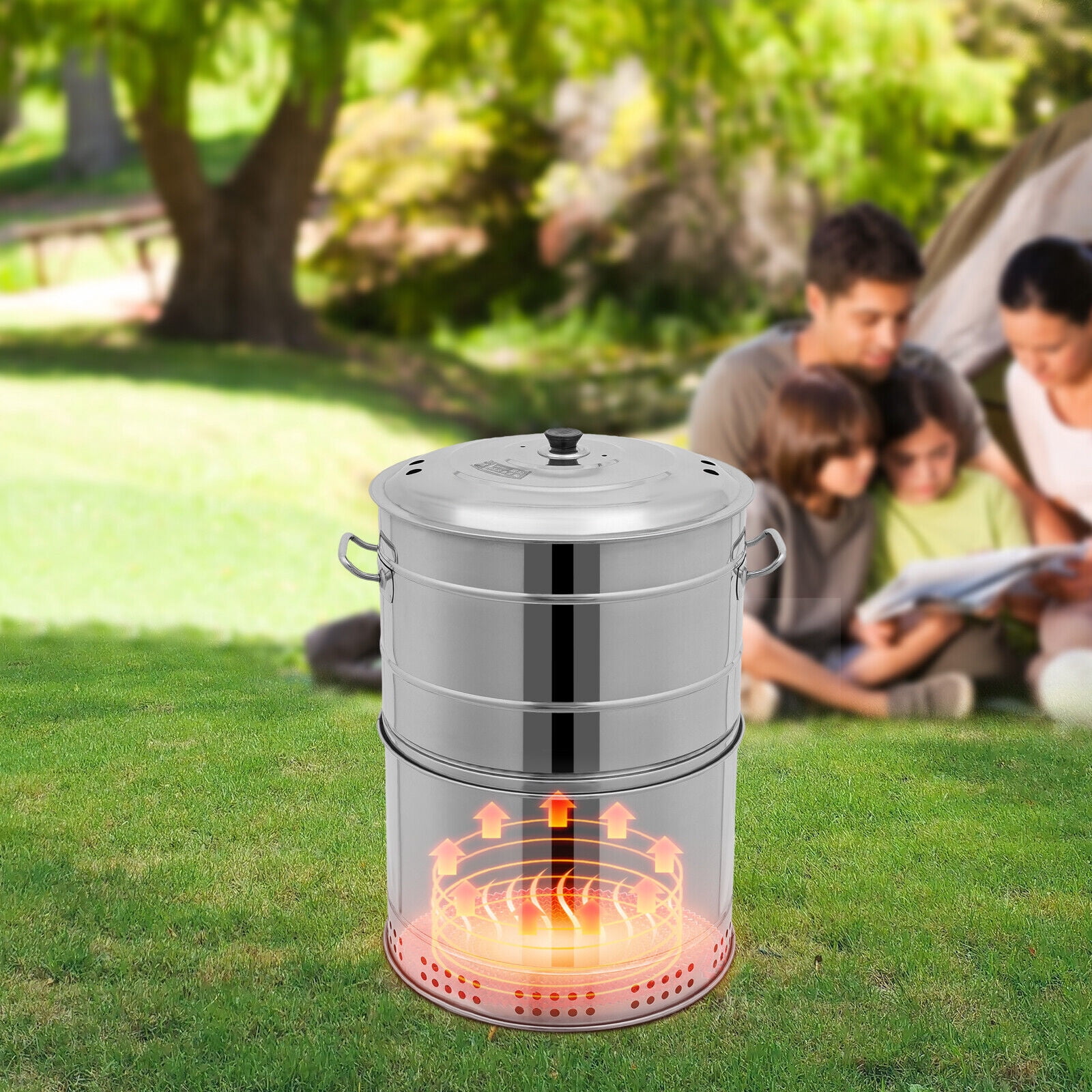 DENEST Large Portable Charcoal Grills, Stainless BBQ Grill Barrel 360° Smokeless Outdoor Barbecue Grill with 50 Skewers for Camping