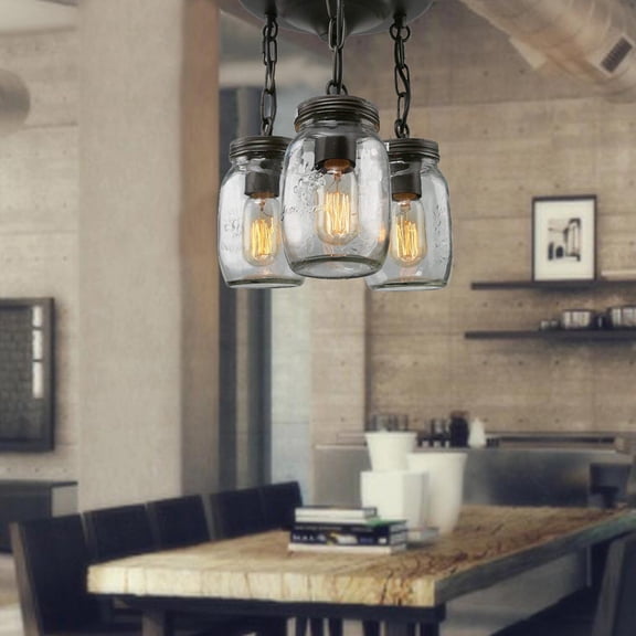 DENEST Mason Jar Kitchen Island Light Chandelier 3 Heads Pendant Light Ceiling Fixture