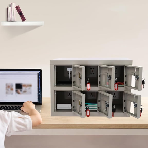 DENEST Modern Cellphone Charging Station with 6 Locking Compartments, Acrylic Windows, and Power Sockets for Efficient Storage and Charging