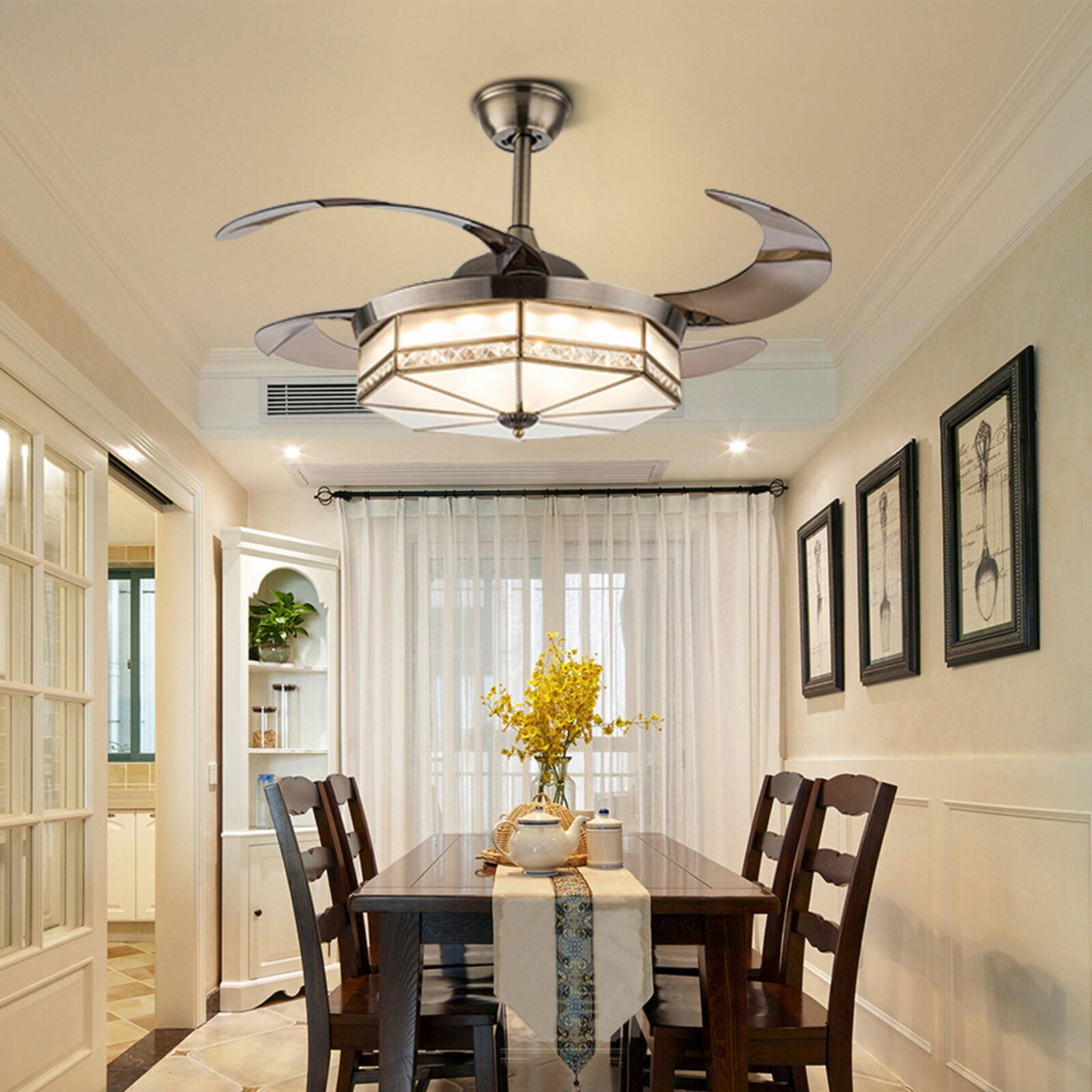 DENEST Modern Ceiling Fan 3 Color Lamp with Light, Retractable Blades and Remote
