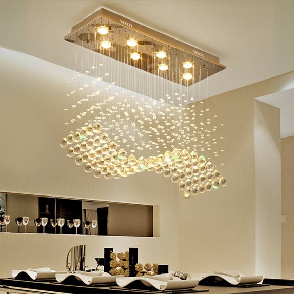 DENEST Modern Mirror Stainless Steel Electric Rectangular Crystal Raindrop Chandelier