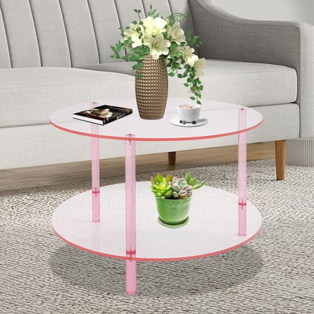 DENEST Modern Round Pink Acrylic Coffee Table, Modern Coffee Table, 2-tier Coffee Table