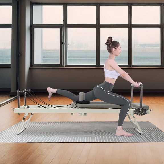 DENEST Multifunctional Pilates Machine, Home Yoga Bed with Latex Springs and Dip Stands, Grey, Fitness Equipment for Stretching, Strength Training, Core Stability Workout