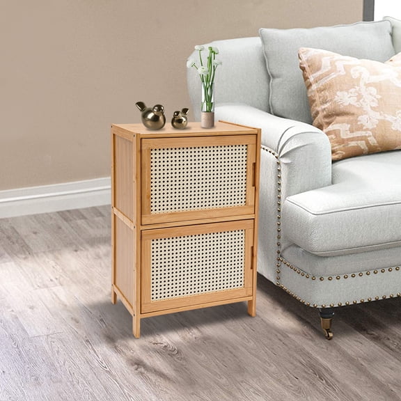 DENEST Nightstand End Table Drawers with 2 Storage and Rattan Wicker Retro Design Nightstand Rattan Bed Side Table with Solid Natural Bamboo Feet, for Bedroom, Living Room