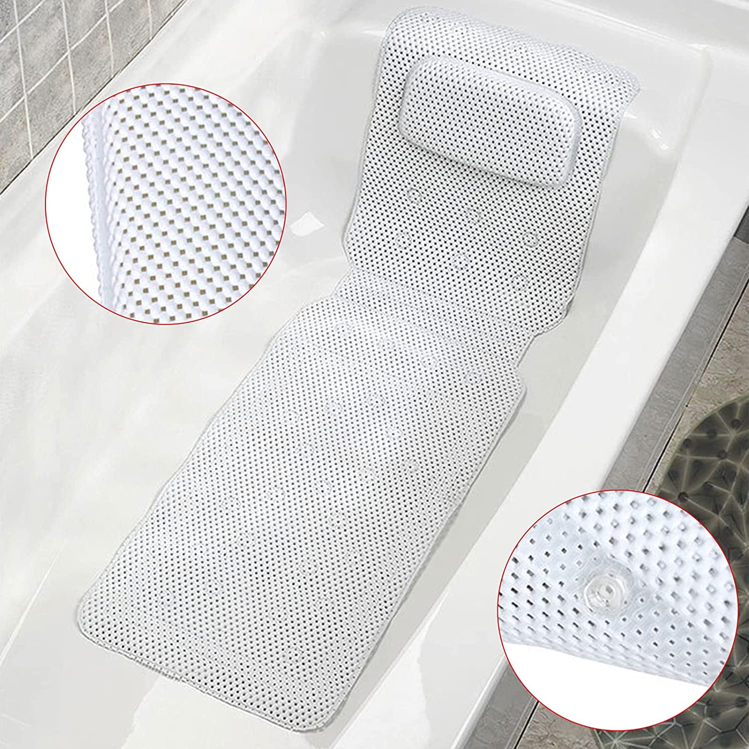 DENEST PVC Bath Pillow Bathtub Non-Slip Mat with Suction Cups White ...
