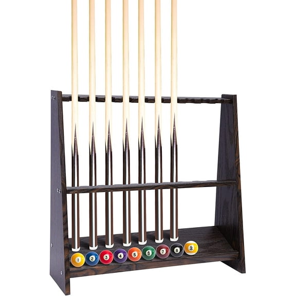 DENEST Pool Stick Holder Floor Stand, 10 Pool Cue Rack for Billiard Room or Club, Made of Wood, Easy to Assemble