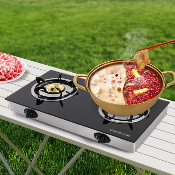 DENEST Portable 2-Burner Gas Stove with Piezo Ignition Durable Stainless Steel Design