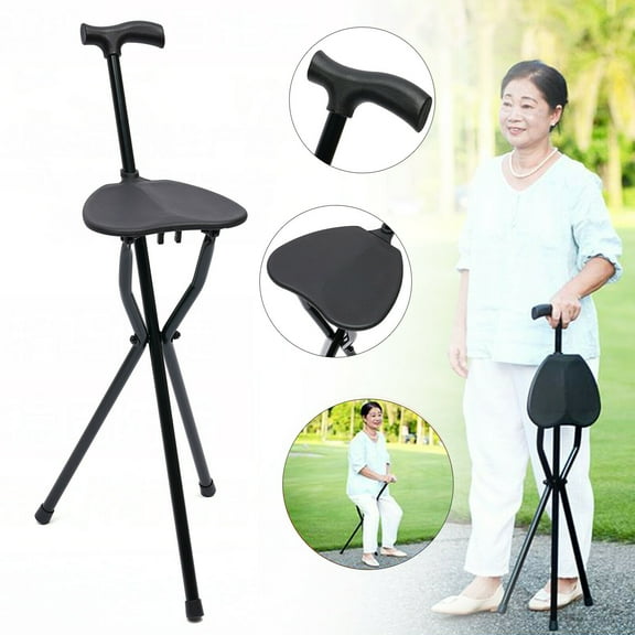 DENEST Portable Travel Hiking Chair Stool Tripod Folding Walking Stick with Seat Cane